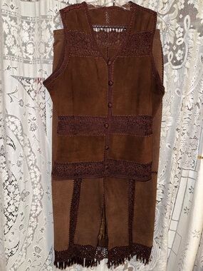 Brown Crochet-Trim Suede Skirt Set